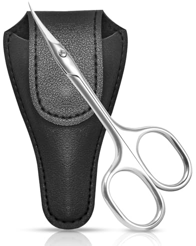 CGBE Stainless Steel Curved Manicure Scissors with Extra Fine Blades and Ergonomic Handle - Asymmetric Design for Cuticle, Eyebrow, and Dry Skin with Leather Sheath