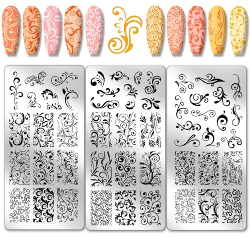 PH PandaHall 3pcs Swirl Pattern Nail Art Templates, French Nail Stamping Plate 52 Patterns Plant Floral Nail Art Stencils Stainless Steel Stamping Plates for Nail Design Print Manicure Salon Spring