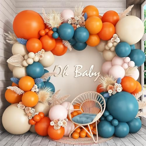 Kit Arco a Palloncini Doppio Riempito Blu Polvere Arancione, Ghirlanda di Palloncini Boho Neutra Arancione Bruciato Terracotta Teal Scuro Turchese Bianco Sabbia Palloncini in Lattice per Decorazioni