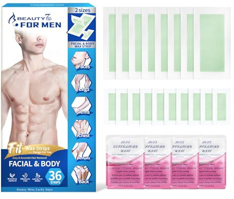 Strisce di cera per il corpo da uomo, strisce per la ceretta del viso, include 36 strisce e 4 salviette oleose, depilazione delicata per viso, corpo, gambe, ascelle, tutti i tipi di pelle, rimozione