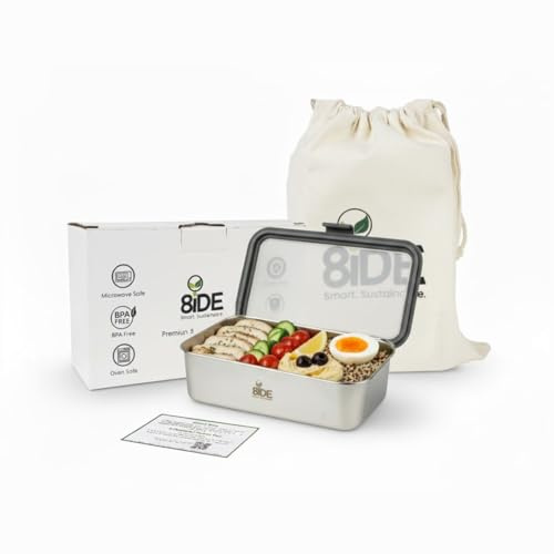 8ide Stainless Steel Food Container 1250ml - Plastic-Free, Stainless Steel Container with Lids, Microwave & Oven Safe Metal Lunch Box with Lids, Includes Reusable Canvas Drawstring Carry Bag for Lunch