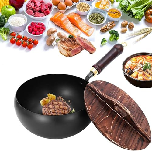 BomKra Unbeschichtete Eisenpfanne - Japanische Eisenpfanne Mit Holzdeckel, Unbeschichtete Handgeschmiedete Eisenpfanne, vielseitig einsetzbar für Gas- und Induktionsherde (24cm + Holzdeckel)