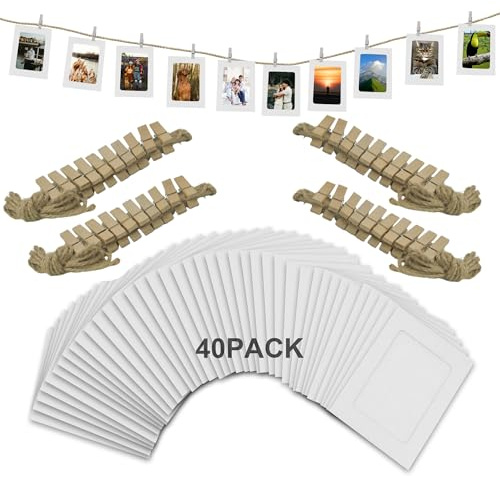 SZWLJ 40 st Vita Pappersfotoramar 10x15 cm | Med Hängande Snöre Och Pinnar För Fotobanderoll, Display Och Evenemangsdekorationer