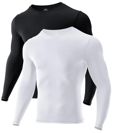 Niksa Men's Compression Long Sleeve T Shirt Muscle Fit Gym Top, 2 Pack Breathable Quick Dry Base Layer for Running Training Cycling Work, Slim Crew Neck Active Wear Clothes, Black White, M