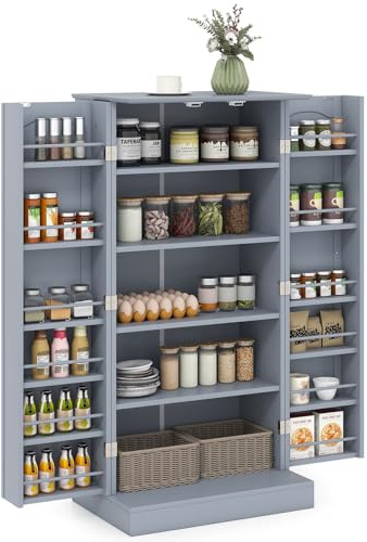 COSTWAY Kitchen Cupboard, Buffet Pantry Cabinet with Countertop, Doors, 17 Shelves & Guardrail, Space-saving Storage Organizer for Dining Living Room (Grey, 60x40x120cm)