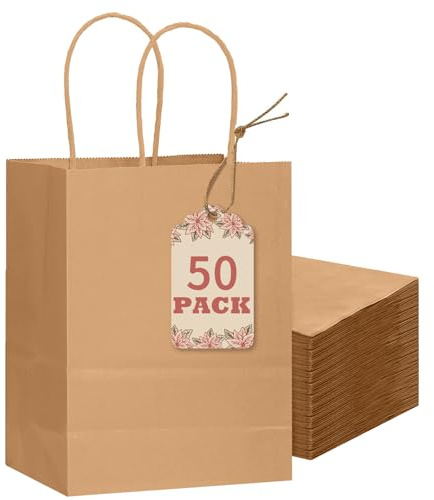 Gcardist 50 bolsas de regalo de papel para huevos pequeños de color marrón, con asas, 28 x 6 x 3,15 cm, bolsas pequeñas para regalos de fiesta para múltiples usos