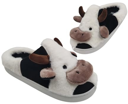 Amix Ciabatte Animali da Donna, Pantofole Invernali Calde e Pelose, Morbide e Simpatiche Babbucce a Mucca (Mucca, 38/39, Sistema Taglie Calzature EU, Adulto, Donna, Numero (range), Media, 38, 39)