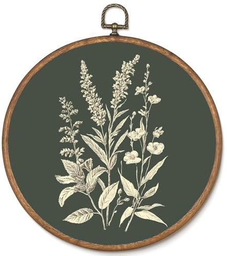 Uniro Vintage Floral Framed Wall Art, Farmhouse Botanical Flower Illustration Round Wall Hanging Decor, Rustic Green Nature Cottagecore Art Prints Neutral Room Decor for Bedroom Living Room Bathroom, 10x10 Inch