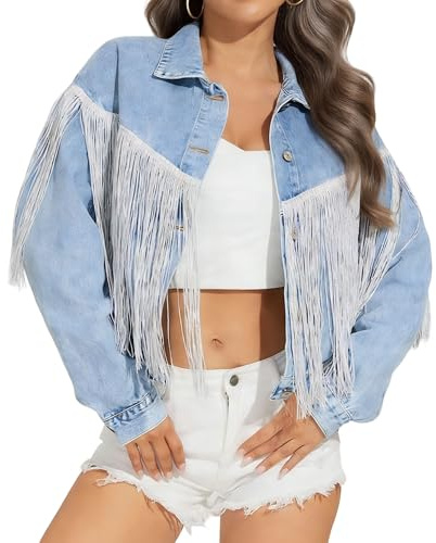 Veste en jean courte à franges en strass pour femme Style rétro Style cowgirl brillant