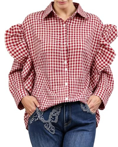 Medeltida långärmad rutig blus med volanger traditionell ölfestskjorta för kvinnor, mångsidig bärbar till jeans eller traditionell kjol på våren