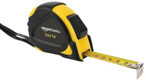 Amazon Basics Cinta métrica con cierre automático, escala Métrico y en pulgadas, precisión MID, 5 m (Paquete de 1), Negro, Amarillo