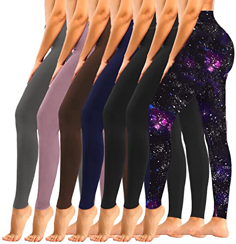 yeuG 7 Pack High Waisted Leggings for Women Tummy Control Soft Workout Yoga Pants Full Length & Capri(Black X2,Galaxy,Navy,Coffee,Rosy Brown,Dark Grey,Large-X-Large)