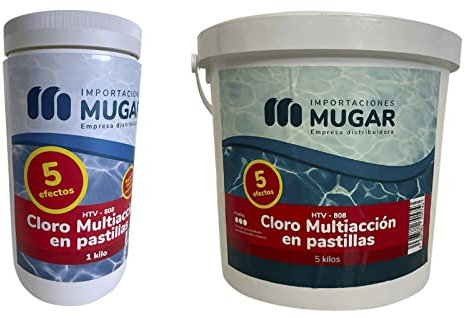 MUGAR- Cloro 5 Acciones para Piscinas en Pastillas 5 Efectos. En Envases de 1kg o 5kg. Desinfectante/Alguicida/Floculante/Antical/Mantenedor de pH(1 kg)