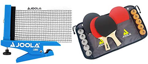 JOOLA Tischtennisnetz LIBRE- OUTDOOR Tischtennisnetz-Garnitur für Freizeitsport - Klemmtechnik & Tischtennis-Set Family, 4 Tischtennisschläger + 10 Tischtennisbälle + Tasche, ca. B 30 x H 8 x T 35 cm