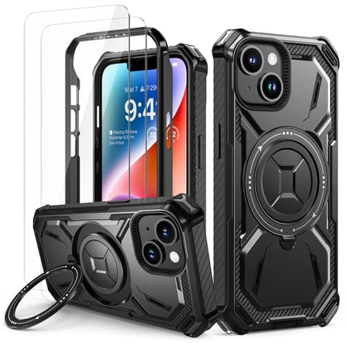 Lanhiem Coque pour iPhone 13/14, Antichoc Protection, Anneau Support, Noir