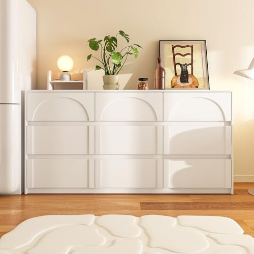 PREMTURE Kommode 160 cm, 160 cm Kommode Weiß mit 9 Schubladen Moderne Sideboard, Anrichte, Wohnzimmerschrank, Sideboard mit 9 Schubladen für Wohnzimmer, Schlafzimmer 160 * 35 * 80CM, MDF