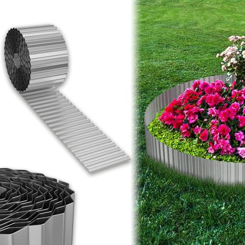UISEBRT Cortenstahl Rasenkante, Verzinktes Beetbegrenzung aus Metall Einfach zu Montieren, 15cm Hoch Flexibel Rasenkanten, Wurzelsperre Blumenbeet oder als Mähkante Länge Anpassbar(10M, Silber)
