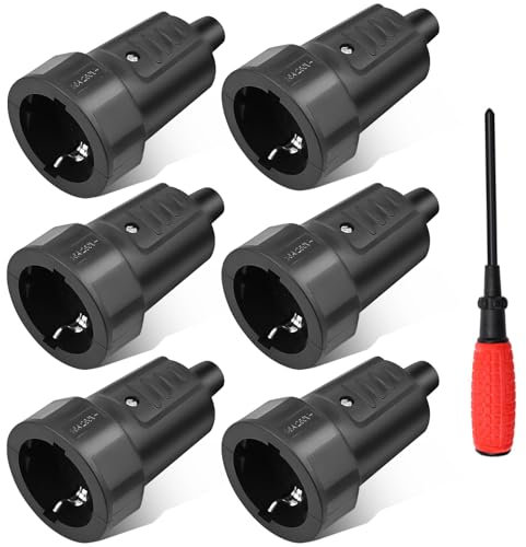 URHRHU 16A Fiches Schuko, 6 x Fiche electrique femelle noire, 250V, 16A, IP44 Prise Fiche Femelle Noir en Caoutchouc Prises de Courant Étanches 3.7KW