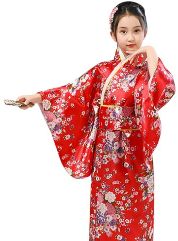 Bastwahl Kimono Enfant Deguisement Japonaise Fille Robe Japonaise pour la Fête et Le Spectacle,Satin Cosplay Anime avec Eventail Pliant 0