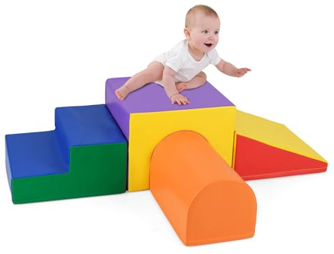 COSTWAY Juego de 4 Piezas Bloques de Espuma para Niños, Estructuras de Bloques Suaves para Escalar y Gatear, Conjunto de Juguetes para el Desarrollo Infantil en Interiores (Morado y Naranja)