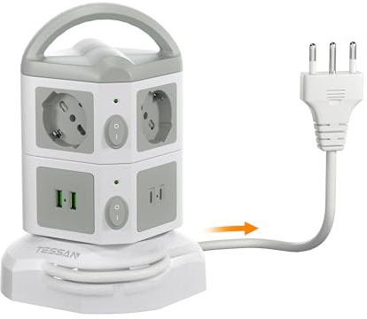 TESSAN Ciabatta Multipresa con USB C, Ciabatta Elettrica con Prolunga Retrattile 2M, Torretta Multipresa da Scrivania con 2 Interruttori Indipendenti, 6 Prese Schuko, Girgio