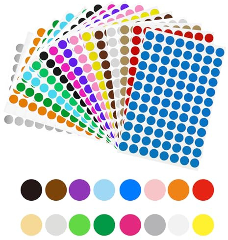 1536 stycken 15 mm runda punktklistermärken självhäftande prickar etiketter markerningspunkter, 16 färger färgkodning etiketter markeringspunkter för kontor, skola, kalender, kortklistermärken