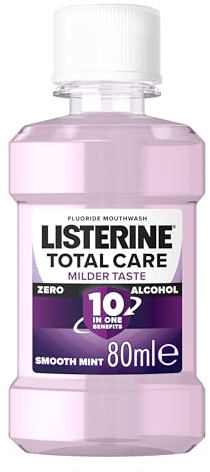 Listerine Total Care Milder Taste (Zero Alcohol) Antibacterial Mouthwash (80ml), Caring and Cleansing with 10-in-1 Benefits, to Freshen Breath with Milder Taste