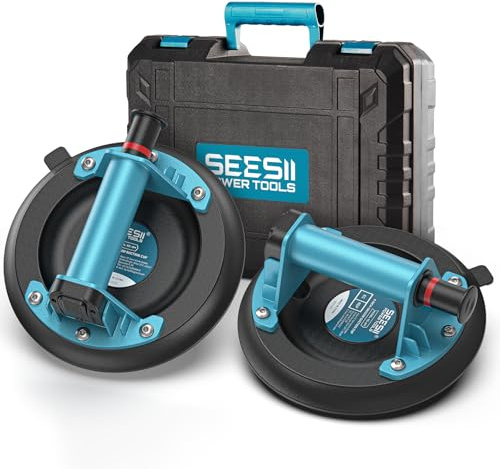SEESII Suction Cups for Glass Lifting: 8 Tile Suction Cup Lifter with Handle and Pump, 200KG Load Capacity Heavy Duty Vacuum Lifter for Lifting Large Tile, Granite, Metal, Windows (2 Pack - 8 Inch)