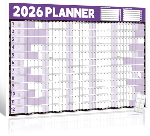 2026 Wall Planner Calendar A1 (84.1x59.4cm) – Laminated Year Planner with Stickers, Folded Packaging, for Office Home School Academic & Business Planning, Purple/White, Weekend Highlight