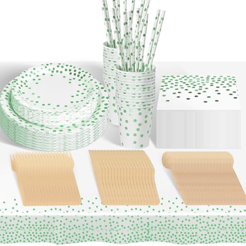 hailstones Bianco Verde Stoviglie per Feste 226 Pezzi Stoviglie Carta Set Include Piatti di Carta Tovaglioli Tazze Tovaglia, per Nuziale Doccia, Fidanzamento, Matrimonio, Compleanno (25 Ospiti)