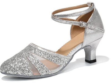 HIPPOSEUS Scarpe da Ballo Donna Latino Americano Tacco 5 cm Punta Chiuso Moderna Tango Scarpe Ballo da Sala, Argento-Suola in Pelle Scamosciata, 40 EU