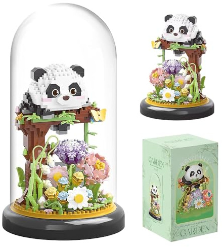 Dhqkqg Panda minibyggstenar set, panda blombukett byggstenar byggsats, 999 stycken blommor byggleksaksset med dammtät kupol och bas, presenter för vuxna