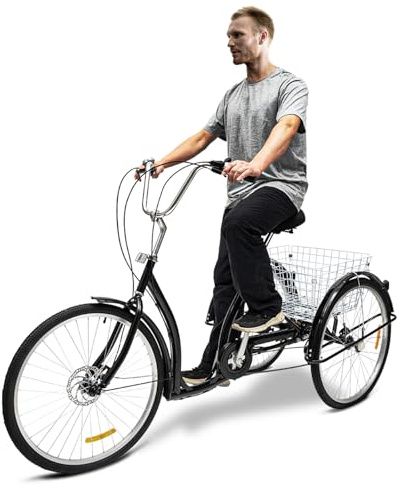 TONFEION Tricycle 26 pouces pour adultes, 3 roues avec panier de courses et lumière, vélo de charge pour adultes et personnes âgées, 6 vitesses, tricycle à 3 roues, capacité de charge 120 kg, noir