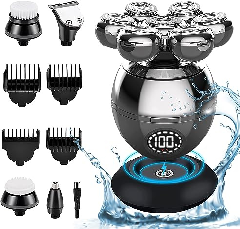 Afeitadora Cabeza Hombre, 5 In 1 Maquina Afeitar Cabeza con 7 Cabezas Rotativa y Pantalla LED, Afeitadora de Cabeza Hombre en seco y húmedo al agua con carga inalámbrica y Cable de carga Tipo C