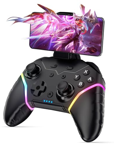 Wireless Mobile Game Controller for iPhone/iOS/Android/Switch/Laptop, Wired for PC/Steam, Cell Phone Controller Gamepad with Programmable, Turbo, Vibration, 6-Axis Gyro&RGB Lights(Phone Clip Included)