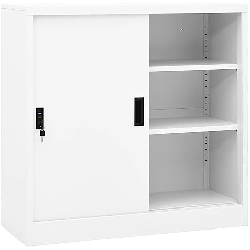 Mokuyary Kontorsskåp med skjutdörr vitt 90 x 40 x 90 cm stål arkivskåp, förvaringsskåp, universalskåp för kontor, arbetsrum och vardagsrum