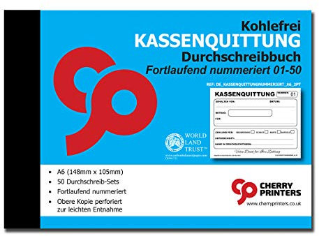 Cherry Quittungsblock A6, Selbstdurchschreibend, 2x50 Blatt Fortlaufend nummeriert 01-50