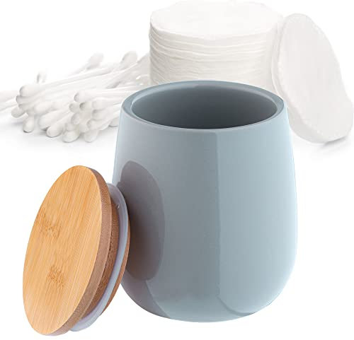 KADAX Kosmetikdose, Aufbewahrungsdose aus Keramik, Wattedose mit Deckel aus Bambus, Wattepadhalter, Vorratsdose, Wattebehälter, Universaldose für Badezimmer, Wattepads, rund (grau)