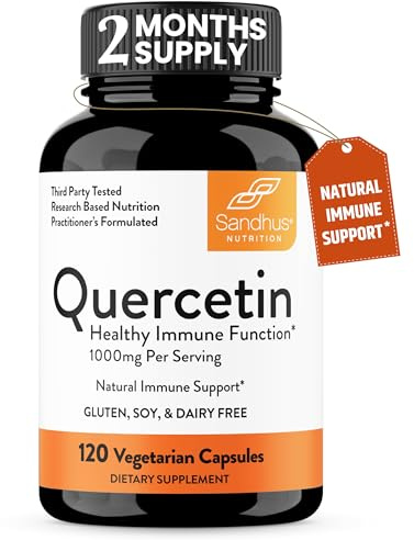 Quercetin 500mg Vegetarian Capsules 120 Count | 1000mg Per Serving of 2 Capsules | Immune Support Supplements For Respiratory, Cellular Health & Seasonal Allergies | Quercitin for Men & Women Immunity