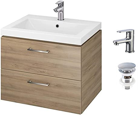 VBChome Waschbecken mit Unterschrank 50 cm mit Armatur und Pop Up Ventil Badmöbel Nussbaum Waschtischunterschrank 2 Schubladen Wasserhahn Click Clack