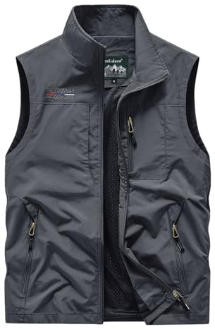 Oralidera Gilet de Pêche Homme Veste Gilet Multipoches Manteau Sans Manche Séchage Rapide Gilet de Chasse Reporter Photographe Randonnée Gilet de Plein air, Gris, XL