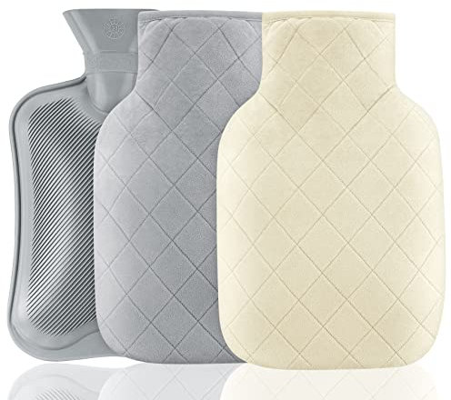 Anstore 2L Wärmflasche mit Bezug, Premium Naturkautschuk Bettflasche, Weicher Plüschbezug Abnehmbar und Waschbar, für Hot Therapy Handwärmer (1 Wärmflaschen & 2 Karierten Weichen Bezügen)
