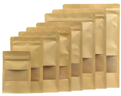 Sacchetti Carta per Alimenti, Sacchetti Kraft, Chiusura, Finestra, Buste con Finestra per Noci, Cereali, Marrone 15X24cm 50Pezzi