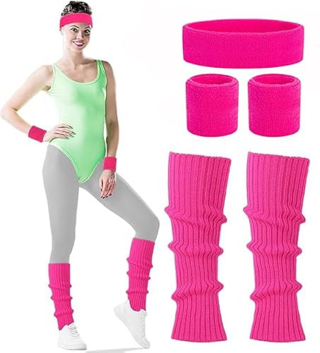 AKSXU Accessoires des Années 80 - Bandeau Éponge Rose - Jambières - Tenue des Années 80 et 90 - Pour Carnaval, Fête - Rose Fluo