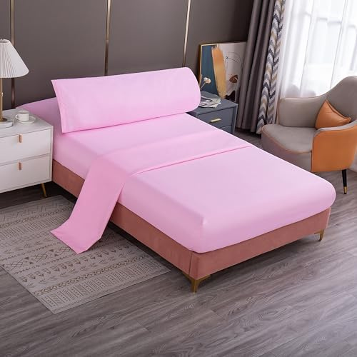 Meishida Juego de Sábanas 3 Piezas para Cama 90cm/135cm/150cm, Sábana Bajera Ajustable, Encimera, Funda de Almohada Color Liso (Cama 90cm, Rosa)