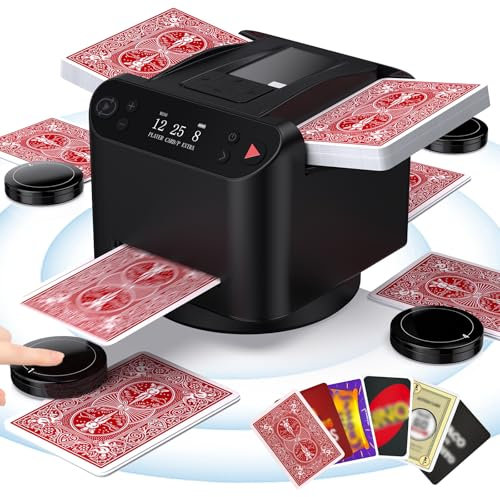 Automatic Card Shuffler and Dealer 2-in-1, 2-12 Players Card Dealer with Wireless Remote, 360°/180° Rotating 2 Decks Card Shuffler for UNO, Poker, Texas Hold'em, Monopoly, Blackjack, Maverick Cards