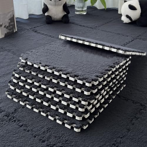 Tappeto ad Incastro, 36 Pezzi di Tappetino in Schiuma di Peluche a Forma di Puzzle, tappeti Quadrati Morbidi e Spessi, per la Decorazione della Camera da Letto del Salotto (Nero, 30 * 30 * 0