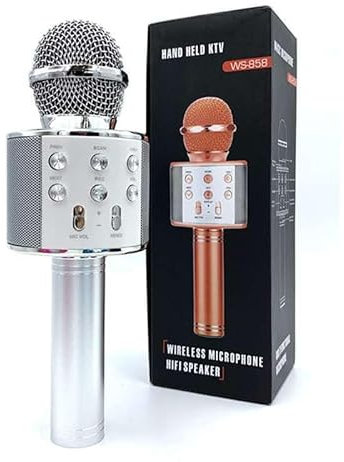 Juinteo Single Karaoke Mic, Microphone for Kids Adults, Wireless, Bluetooth, Portable Speaker, Voice-Changing Effect, Karaoke Machine, Home KTV Player, iOS and Android Supported (Silver)