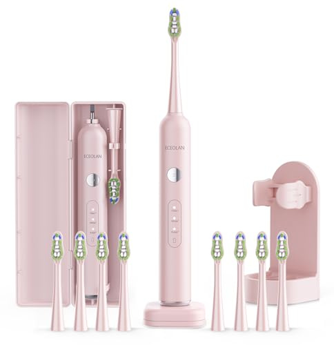 ECEOLAN Sonic Electric Power Toothbrush for Adults & Kids,3 Deep Clean Modes IPX7 40000VPM Rechargeable Toothbrush with 8 Brush Heads, Travel Case, 2-Min Smart Timer, One Charge Last 60 Days(Pink)