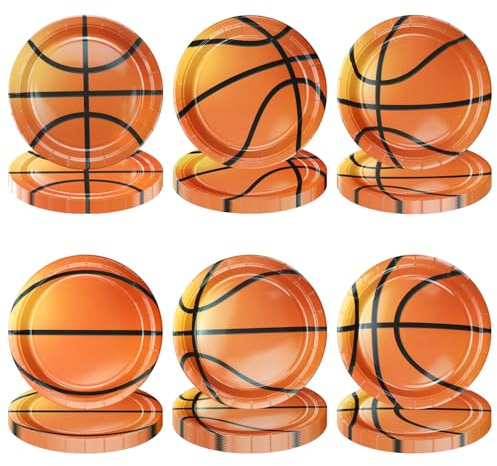 PTECDROTS 60Pcs Basketball Party Plates - 9 Disposable Paper Dinner Plates with 6 Patterns for Kids Sports Event & Baby Basketball Party Decorations
